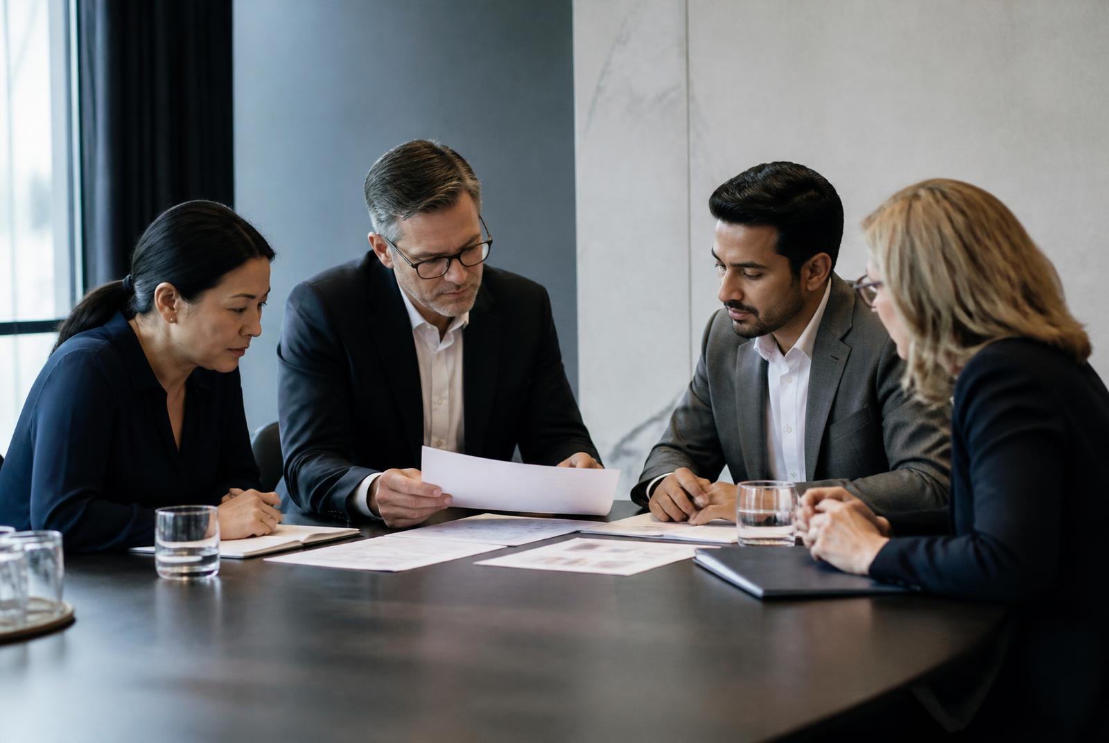 Leadership professionals reviewing strategic briefings together in a boardroom